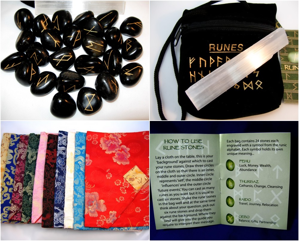 PAG025 RUNE STONES KIT: Elder Futhark Alphabet, Selenite Stick, Pouch +  Booklet: BLACK ONYX